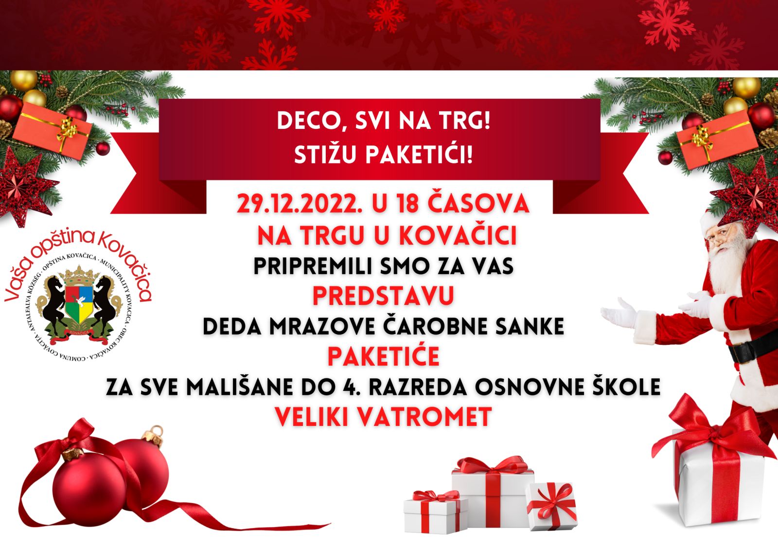 Pe data de 29 decembrie va avea loc la Covaciţa un program bogat pentru copii