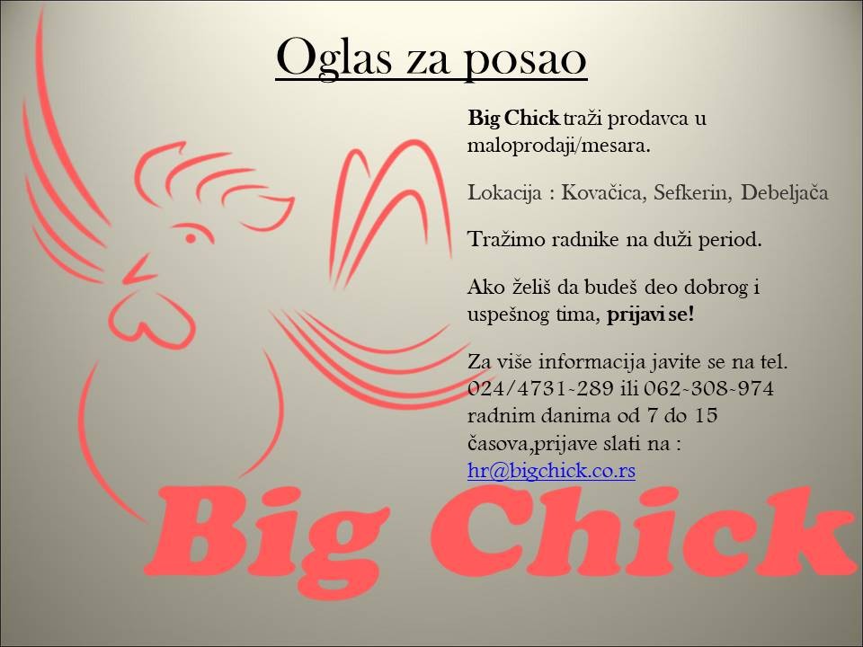 Firma Big chick traži prodavca u maloprodaji u mesarama na tri lokacije – Kovačica, Debeljača i Sefkerin.